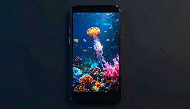 Smartphone displays vibrant underwater scene featuring jellyfish and coral reefs
