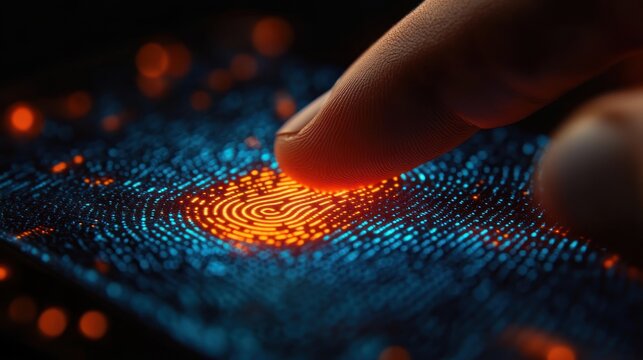 Close-up of a finger pressing a glowing fingerprint scanner on a digital surface with blue data points, conveying futuristic secure access and tactile connection