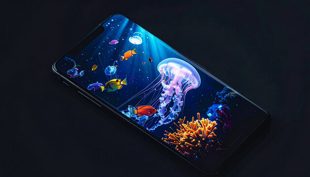 Smartphone screen displaying underwater scene with jellyfish and colorful fish
