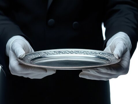 gloved hands presenting an empty ornate silver tray in formal black attire conveying elegance and anticipation