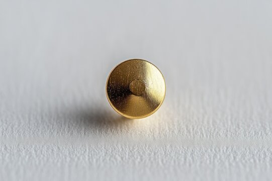 Minimalist golden metal push pin head on textured white paper, close-up still life with soft shadow conveying calm focus and simplicity