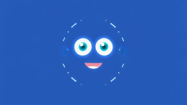 Animated organic shape forming a happy face with glowing eyes on a blue background during a soft zoom out