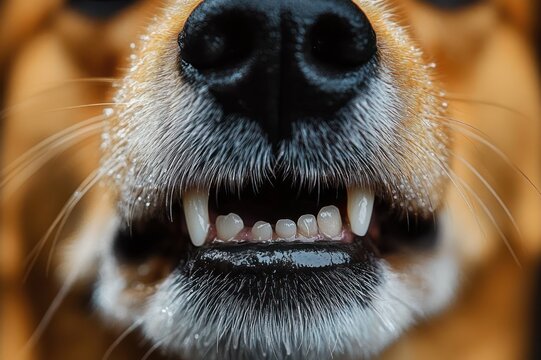 close-up of a dog's wet black nose, whiskers and slightly bared teeth showing gums and canine teeth, playful alert expression