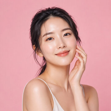 Beautiful asian woman clean fresh healthy skin youth perfect skin smile looking camera touch her face beauty cosmetology spa wellness model.