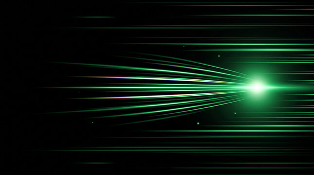 Abstract green light speed lines background motion effect with glowing trails and particles on black background