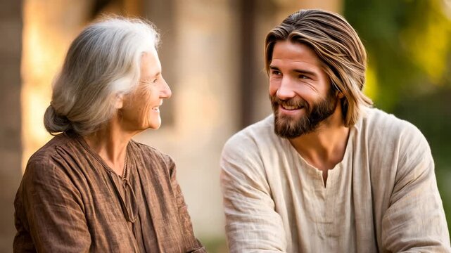 Jesus Christ Sitting Beside Elderly Woman on Porch with Compassion