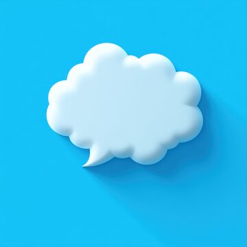 white cloud-shaped speech bubble with long shadow on bright blue background, playful and friendly