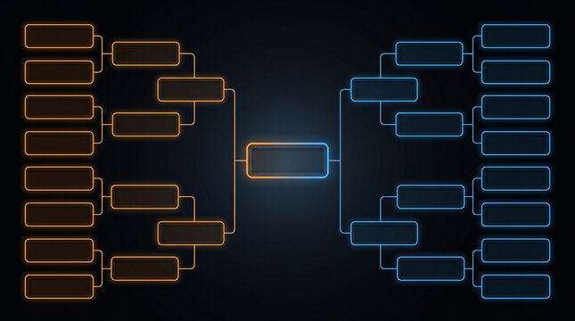 Tournament bracket template with neon glowing lines, empty championship competition chart with 16 slots, sports playoff structure, futuristic esports competition layout