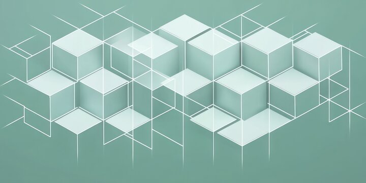 mint teal isometric cubes and wireframe grid with sparkling highlights, floating layered geometric composition conveying calm futuristic order
