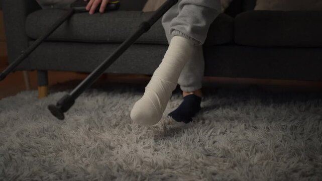 Injured person with cast on broken leg feel frustrated while attempting to stand up from couch using crutches. Concept challenges of home recovery and rehabilitation