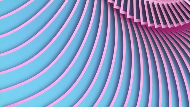 Vibrant 3D background with smooth moving curved lines. Abstract kinetic architecture in candy pink and blue tones. Positive seamless loop perfect for trendy youth projects and fashion videos