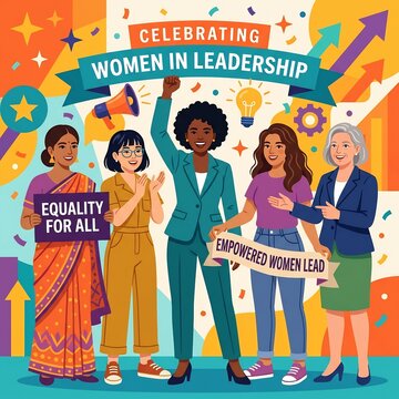 Diverse group of women holding equality signs and banners celebrating leadership empowerment together