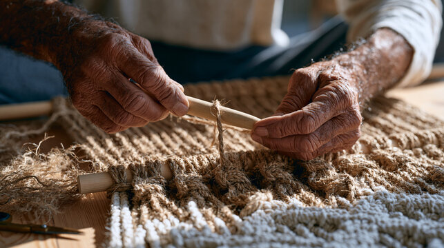 Close up of weathered hands threading a large blunt needle through thick jute twine, beginning a macrame wall hanging knotted over a dowel rod on a wooden floor, loose fibers and