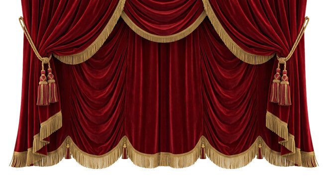 Luxurious red velvet stage curtains with gold trim and tassels