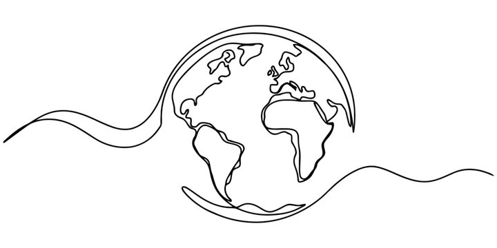 Continuous single line drawing of planet earth globe with flowing wave design Vector, illustration