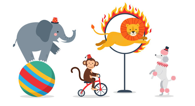 Trained circus animals performing stunts with elephant and lion