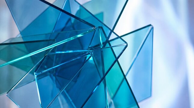 Modern abstract close-up of folded transparent blue and teal glass sheets creating a layered, futuristic design.