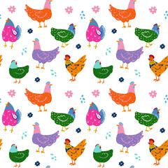 Obraz premium Seamless multicolor chicken flock pattern on white background, cartoon hen and rooster in orange green purple pink repeat print, colorful folk vector fabric design.
