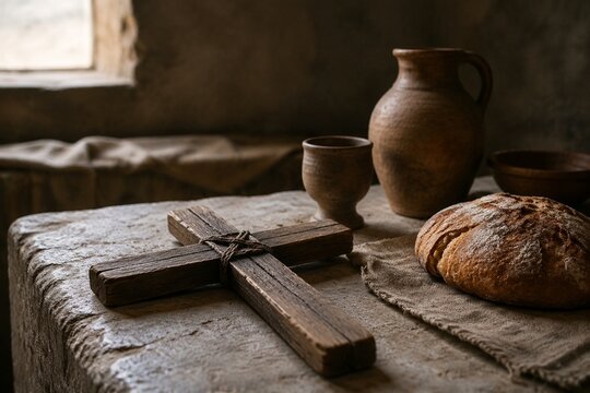 A rough-hewn wooden cross on a stone table with clay pots and bread in soft light.