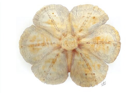 top-down view of a pale sand dollar with five-petal star pattern on white background, delicate and serene