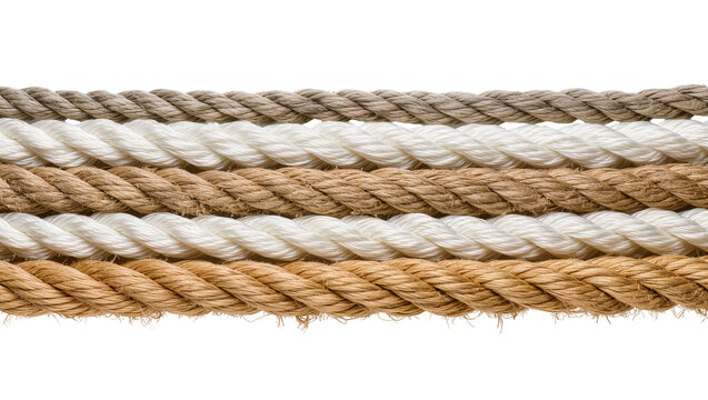 Isolated horizontal ropes of different textures and colors, sturdy twisted strands close-up