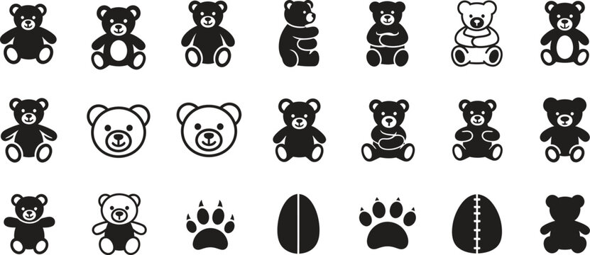 Assorted teddy bears and bear-related icons in a minimalist black and white design with stuffed anim