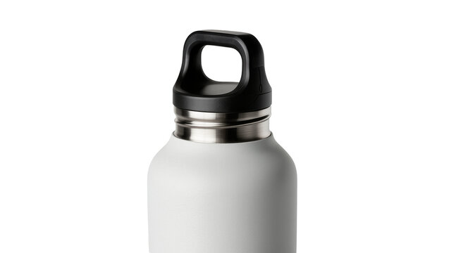 Isolated white metal reusable water bottle with black lid and ergonomic carry loop handle