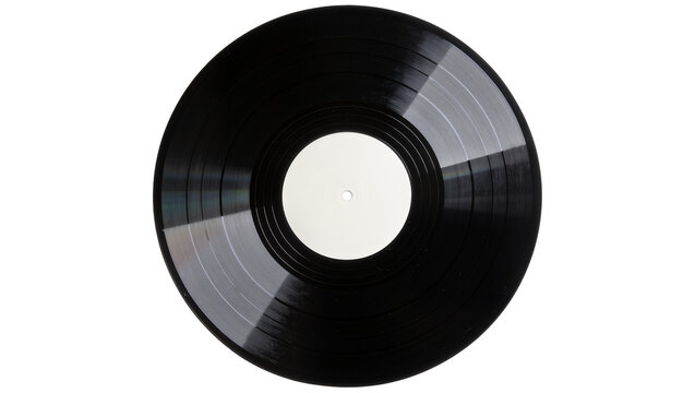 Isolated black retro vinyl record with blank white label for music streaming or listening