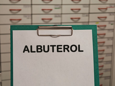 ALBUTEROL healthcare and pharmacy concept displayed on a clipboard in a pharmacy