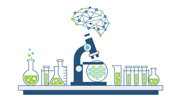 Modern scientific research laboratory bench with a microscope linked to a complex digital brain network diagram.