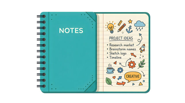 Back to school Teal spiral notebook with project ideas and creative doodles, open journal with handwritten notes, business brainstorming and planning concept vactor