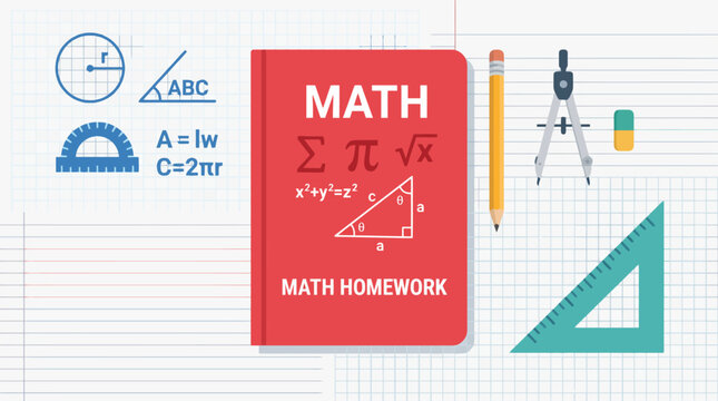 Educational mathematics homework vector illustration with red book 