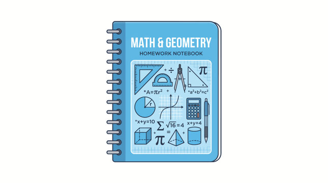Blue spiral math geometry homework notebook with formulas and technicaL