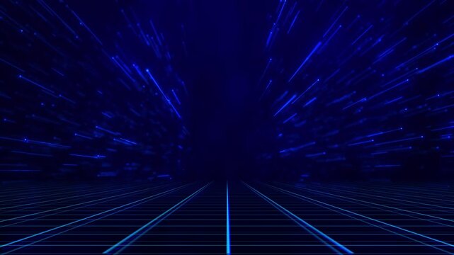 Fast blue cyber road visual with glowing grid floor, flying light trails, and dark digital depth. Perfect for game videos, tech intros, motion backgrounds, data scenes, and overlays.