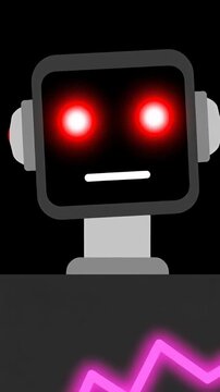 Humanoid robot with glowing red eyes and pink line.