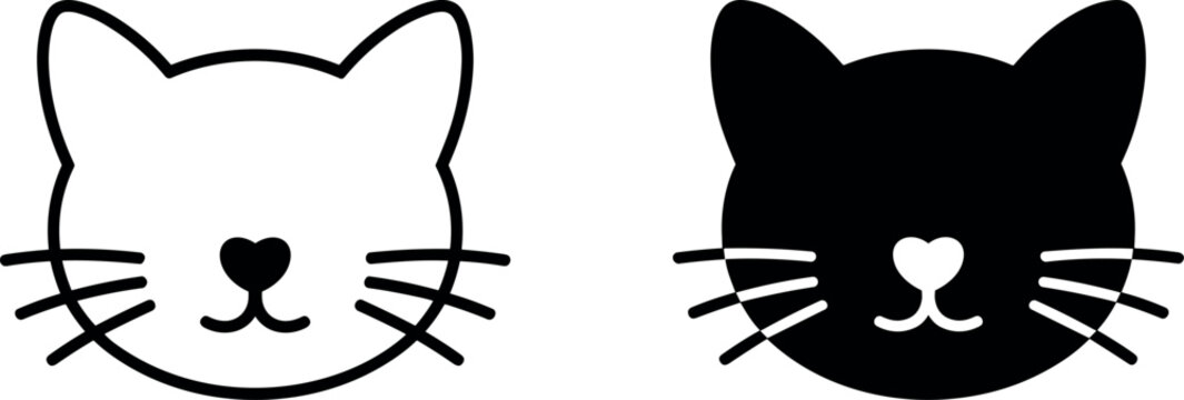 Cute cat head icon set with line outline and black silhouette versions featuring heart shaped noses for logo design