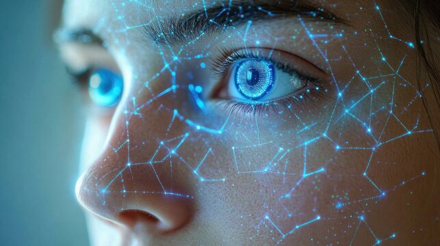 Close-up of a woman's face with glowing blue eyes and a holographic geometric network of light points and connecting lines mapped across her skin, focused and curious expression