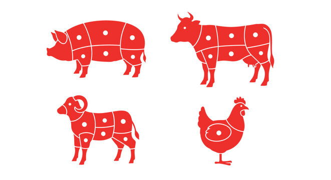 Red vector silhouettes of a pig, cow, sheep, and chicken divided into butcher cuts with white circular markers.