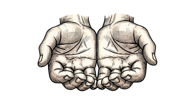 Pair of open empty human hands cupped upwards in detailed vintage engraving style on plain white background.