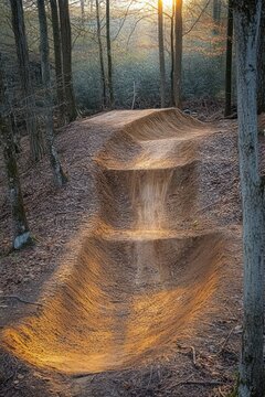 sunlit dirt pump track with scooped jumps winding through a quiet autumn forest, warm golden glow and serene inviting atmosphere