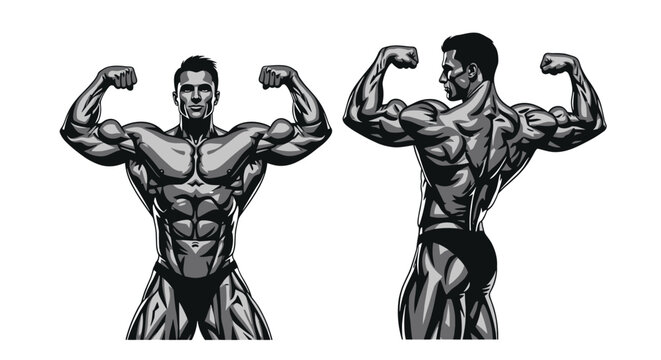 Brawny male bodybuilders in front and back poses showcasing muscles in dramatic black and white lighting.