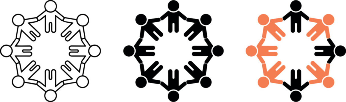 Diverse people holding hands in a circle icon set representing community unity teamwork partnership and global connection vector