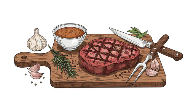 Delicious grilled beef steak served on wooden cutting board with rosemary garlic cloves pepper and gravy bowl.