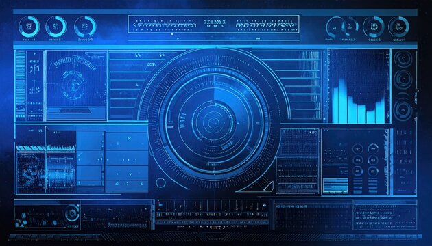 Futuristic blue interface with complex circular and rectangular elements, various graphics, charts, and lines of code