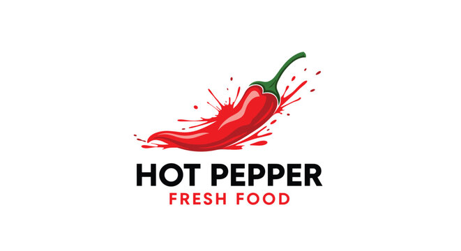 Red hot chili pepper logo with fresh food text and a dynamic spicy red liquid splash isolated on white background.