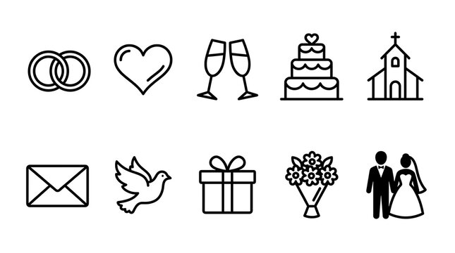 Black outline wedding and marriage celebration icon set.