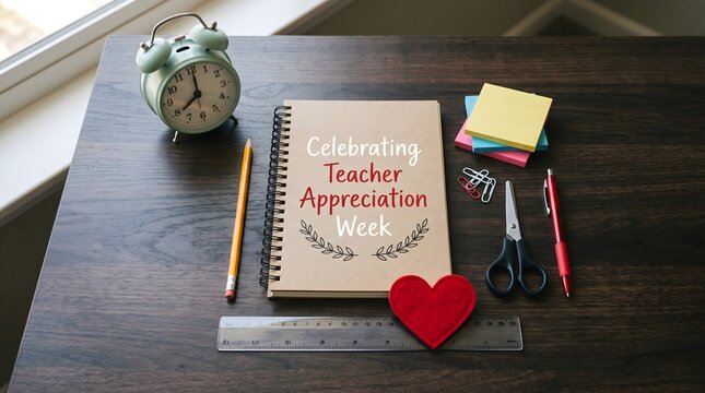 Notebook with celebrating teacher appreciation week text next to a red heart and school supplies on a wooden desk to honor educators during the special school holiday celebration