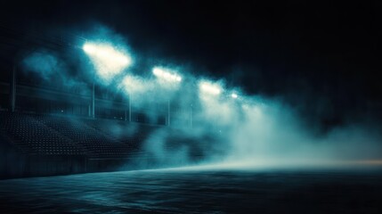 Fototapeta premium Empty stadium at night with bright floodlights cutting through thick fog over a deserted field and vacant bleachers, creating a moody eerie atmosphere