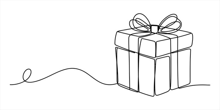 Continuous single line drawing of a gift box with a ribbon bow celebration present for birthday or christmas holiday surprise in a simple minimalist style