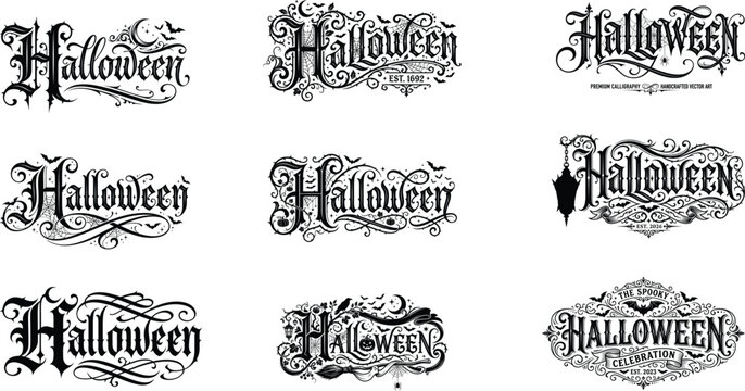 Spooky halloween typography collection vintage ornate lettering designs for festive decorations invitations and graphic projects
